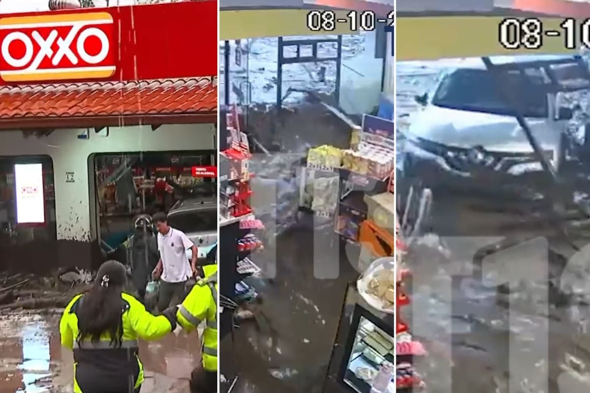 Reacción del atendedor no pasó desapercibida: el momento exacto en que aluvión arrasa con un Oxxo en Las Condes