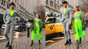 El look neón total que Euge Lemos lució en la Semana de la Moda de Nueva York haciendo match con Matías Kosznik
