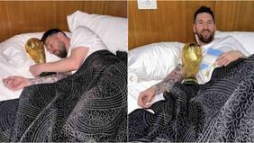 El dulce despertar de Lio Messi: compartió sesión de fotos durmiendo con la copa del mundo