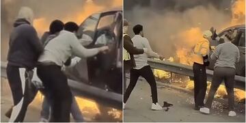 Imágenes fuertes: heroico rescate de hombre encerrado en auto en llamas