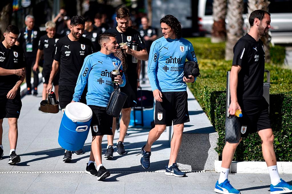 Uruguay's players Edinson Cavani (R) and Lucas Torreira arrive for a training session in Belo Horizonte, state of Minas Gerais, Brazil, on June 15, 2019, on the eve of their Copa America football match against Ecuador.  / AFP / DOUGLAS MAGNO