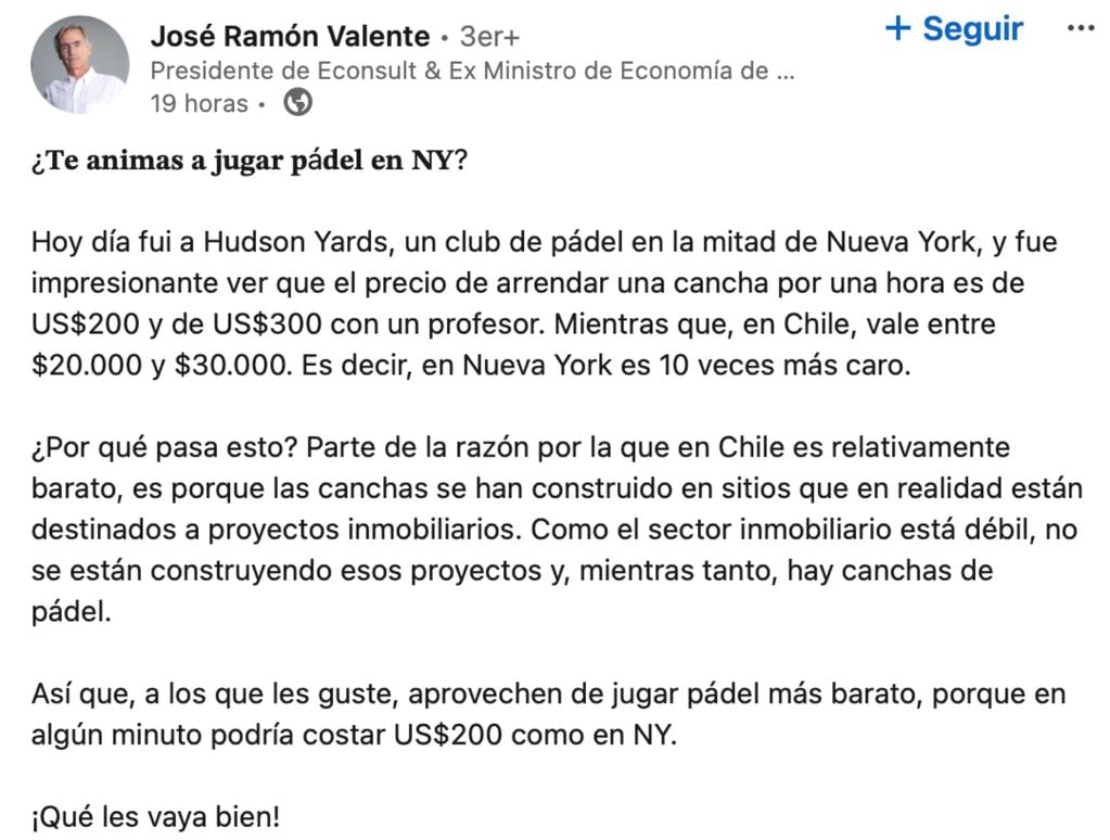 "Aprovechen...": el comentado consejo de un ex-ministro de Economía chileno. Foto: captura / LinkedIn / José Ramón Valente.