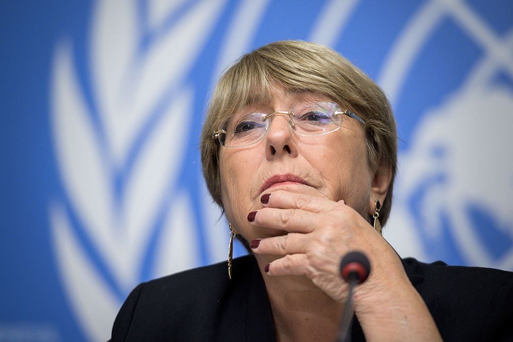 UN Human Rights High Commissioner Michelle Bachelet attends a press conference one year after she took office at the United Nations Offices in Geneva on September 4, 2019.   / AFP / FABRICE COFFRINI
