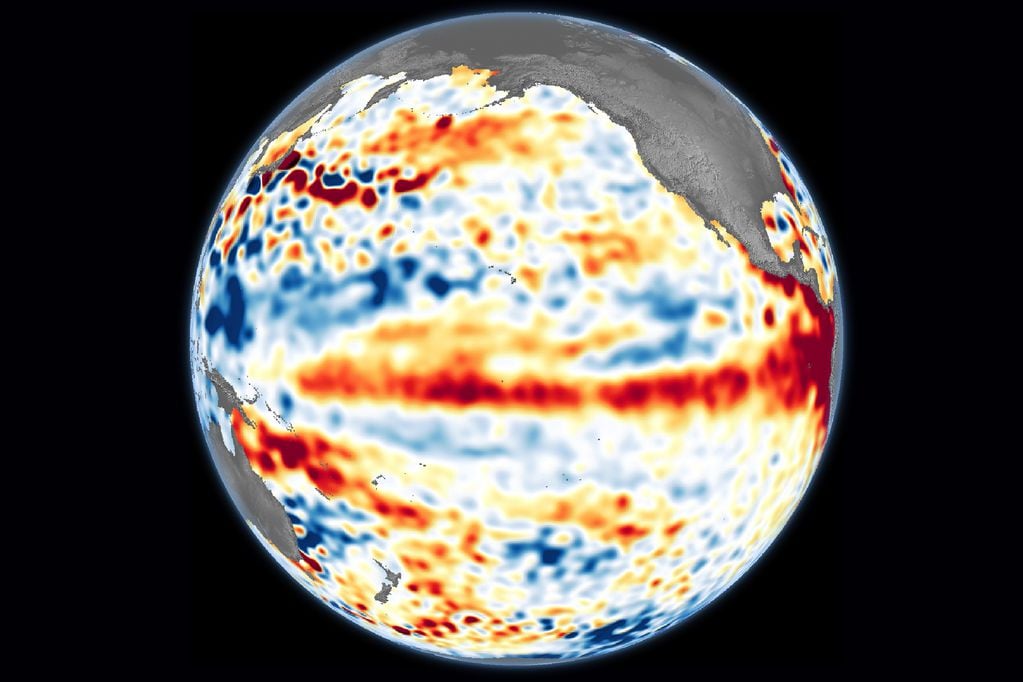 Imagen satelital que muestra el calenntamiento del océano. Crédito: Nasa