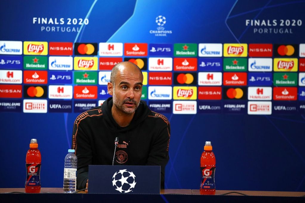 Soccer Football - Champions League - Manchester City Press Conference - Estadio Jose Alvalade, Lisbon, Portugal - August 14, 2020  Manchester City manager Pep Guardiola during the press conference  UEFA Pool/Handout via REUTERS  ATTENTION EDITORS - THIS IMAGE HAS BEEN SUPPLIED BY A THIRD PARTY. NO RESALES. NO ARCHIVES